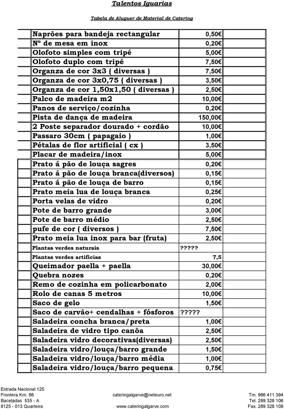 1,00 Pétalas de flor artificial ( cx ) 3,50 Placar de madeira/inox 5,00 Prato á pão de louça sagres 0,20 Prato á pão de louça branca(diversos) 0,15 Prato á pão de louça de barro 0,15 Prato meia lua