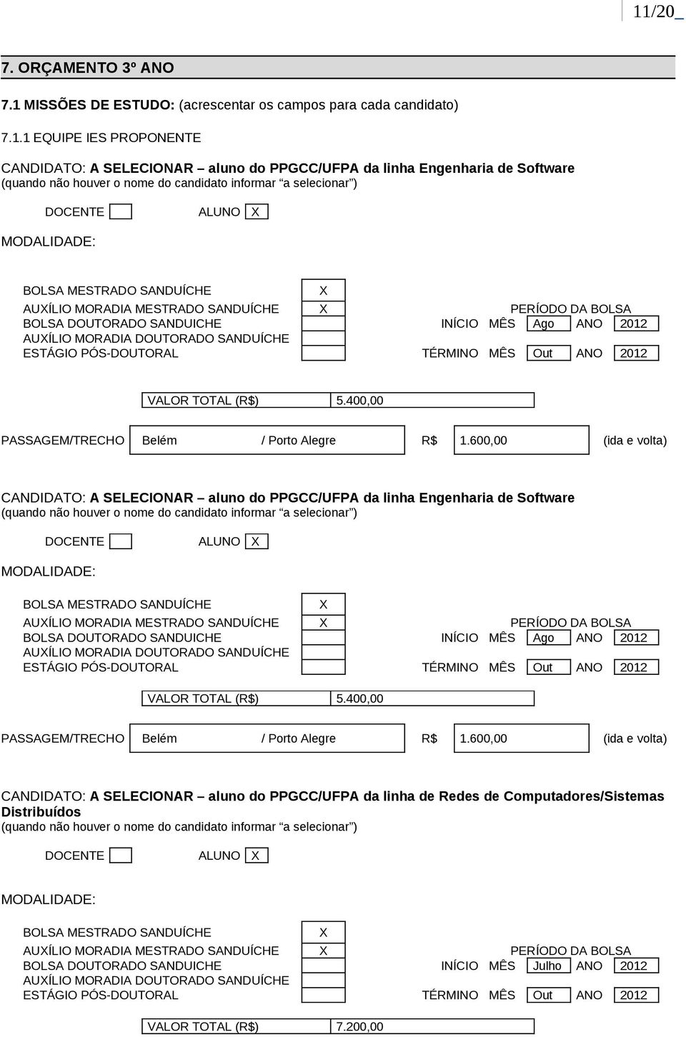 MÊS Out ANO 2012 VALOR TOTAL (R$) 5.400,00 CANDIDATO: A SELECIONAR aluno do PPGCC/UFPA da linha Engenharia de Software  MÊS Out ANO 2012 VALOR TOTAL (R$) 5.