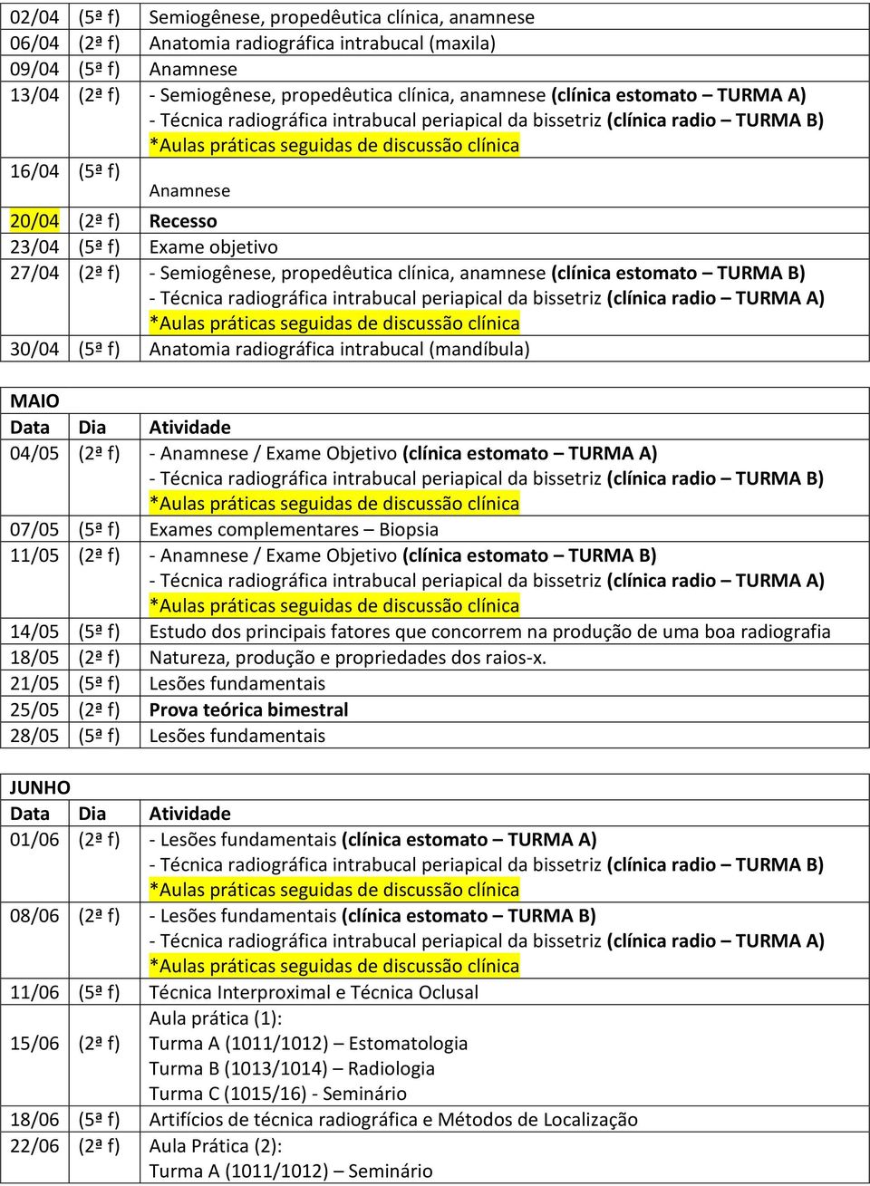 23/04 (5ª f) Exame objetivo 27/04 (2ª f) - Semiogênese, propedêutica clínica, anamnese (clínica estomato TURMA B) - Técnica radiográfica intrabucal periapical da bissetriz (clínica radio TURMA A)