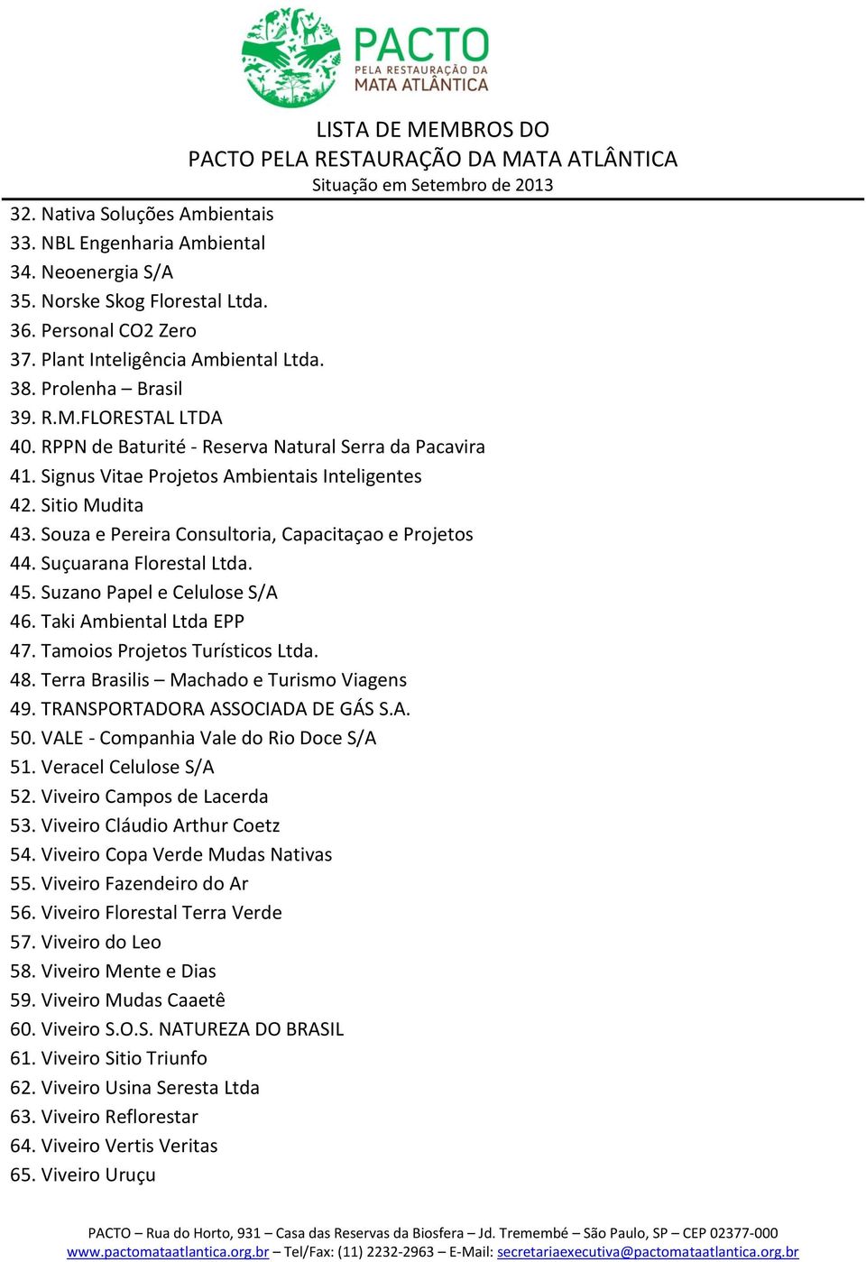 Suçuarana Florestal Ltda. 45. Suzano Papel e Celulose S/A 46. Taki Ambiental Ltda EPP 47. Tamoios Projetos Turísticos Ltda. 48. Terra Brasilis Machado e Turismo Viagens 49.