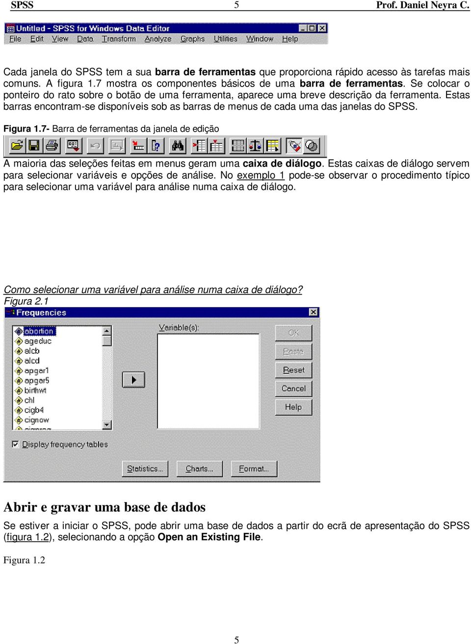 Figura 1.7- Barra de ferramentas da janela de edição A maioria das seleções feitas em menus geram uma caixa de diálogo. Estas caixas de diálogo servem para selecionar variáveis e opções de análise.