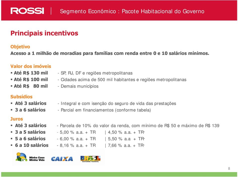 Subsídios Até 3 salários - Integral e com isenção do seguro de vida das prestações 3 a 6 salários - Parcial em financiamentos (conforme tabela) Juros Até 3 salários - Parcela de 10% do