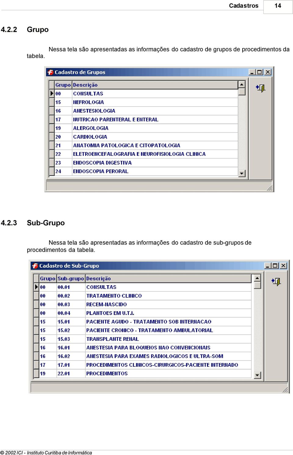 cadastro de grupos de procedimentos da tabela. 4.2.