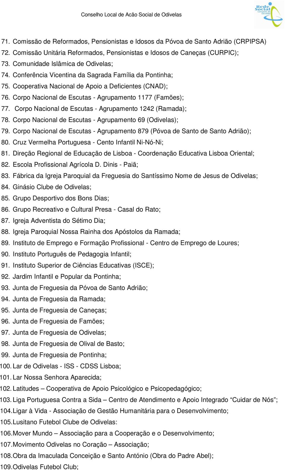 Corpo Nacional de Escutas - Agrupamento 1177 (Famões); 77. Corpo Nacional de Escutas - Agrupamento 1242 (Ramada); 78. Corpo Nacional de Escutas - Agrupamento 69 (Odivelas); 79.