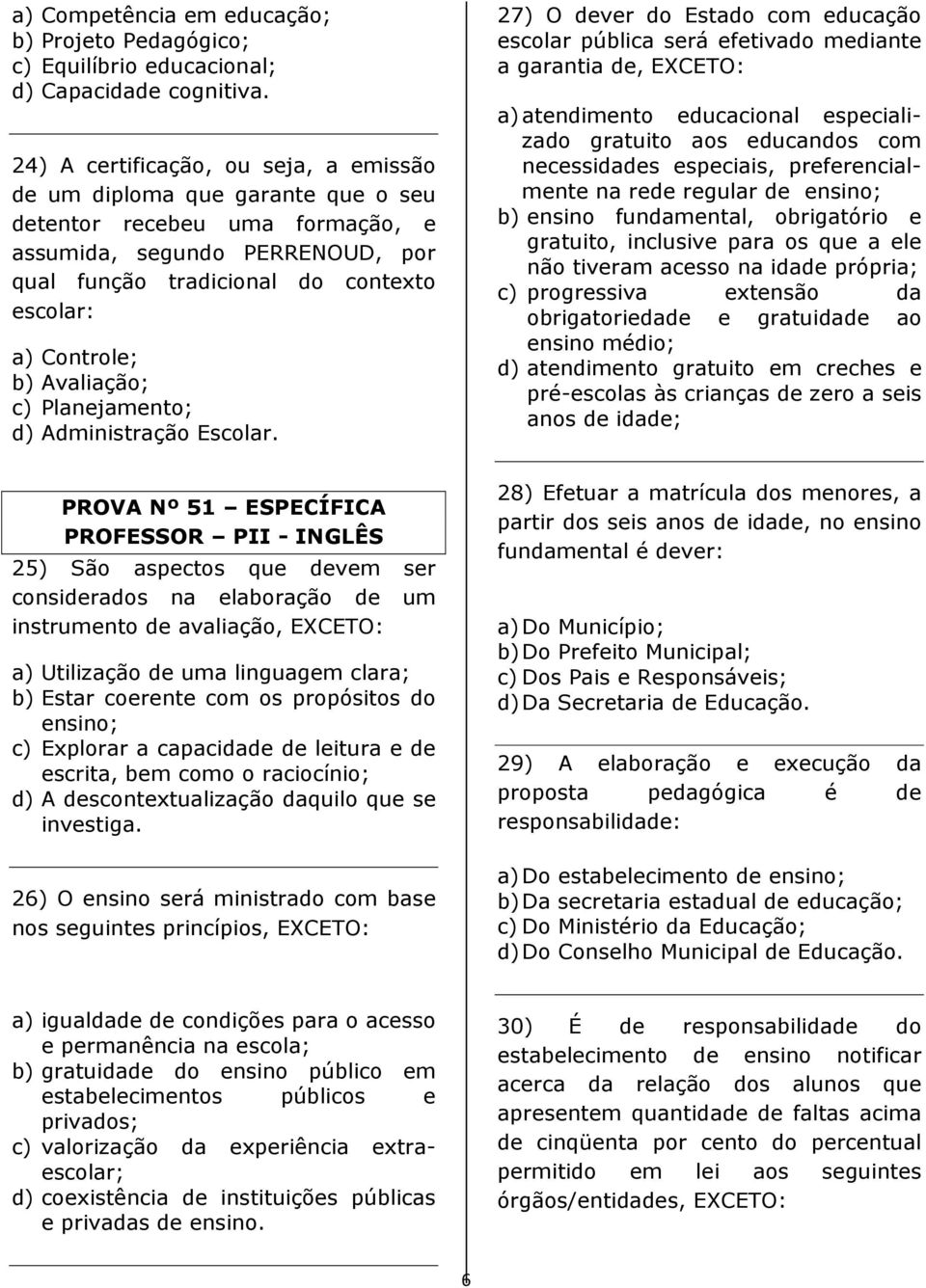 b) Avaliação; c) Planejamento; d) Administração Escolar.