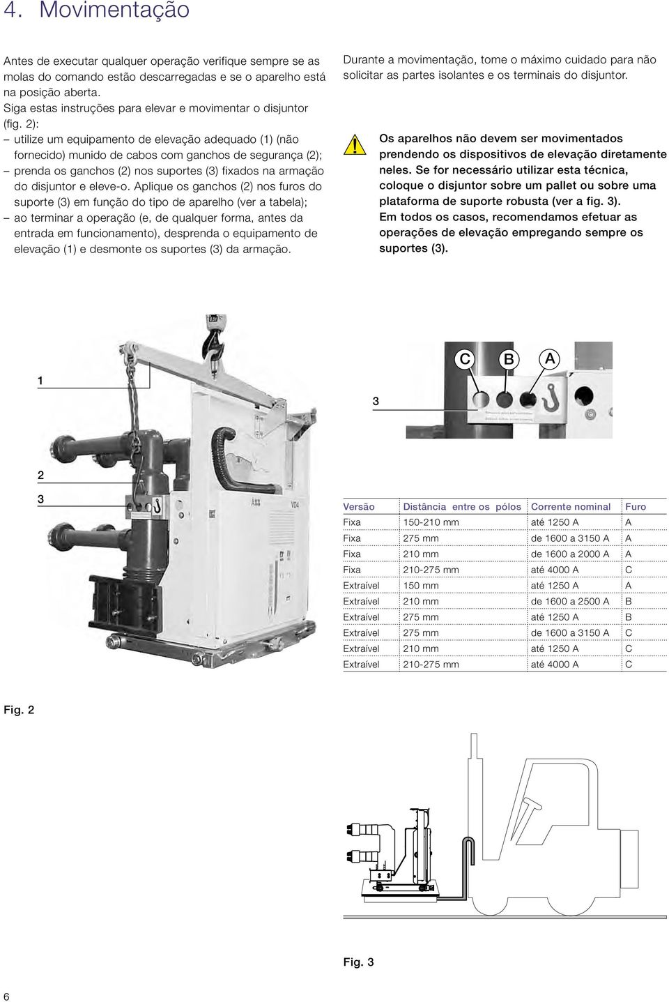 2): utilize um equipamento de elevação adequado (1) (não fornecido) munido de cabos com ganchos de segurança (2); prenda os ganchos (2) nos suportes (3) fixados na armação do disjuntor e eleve-o.