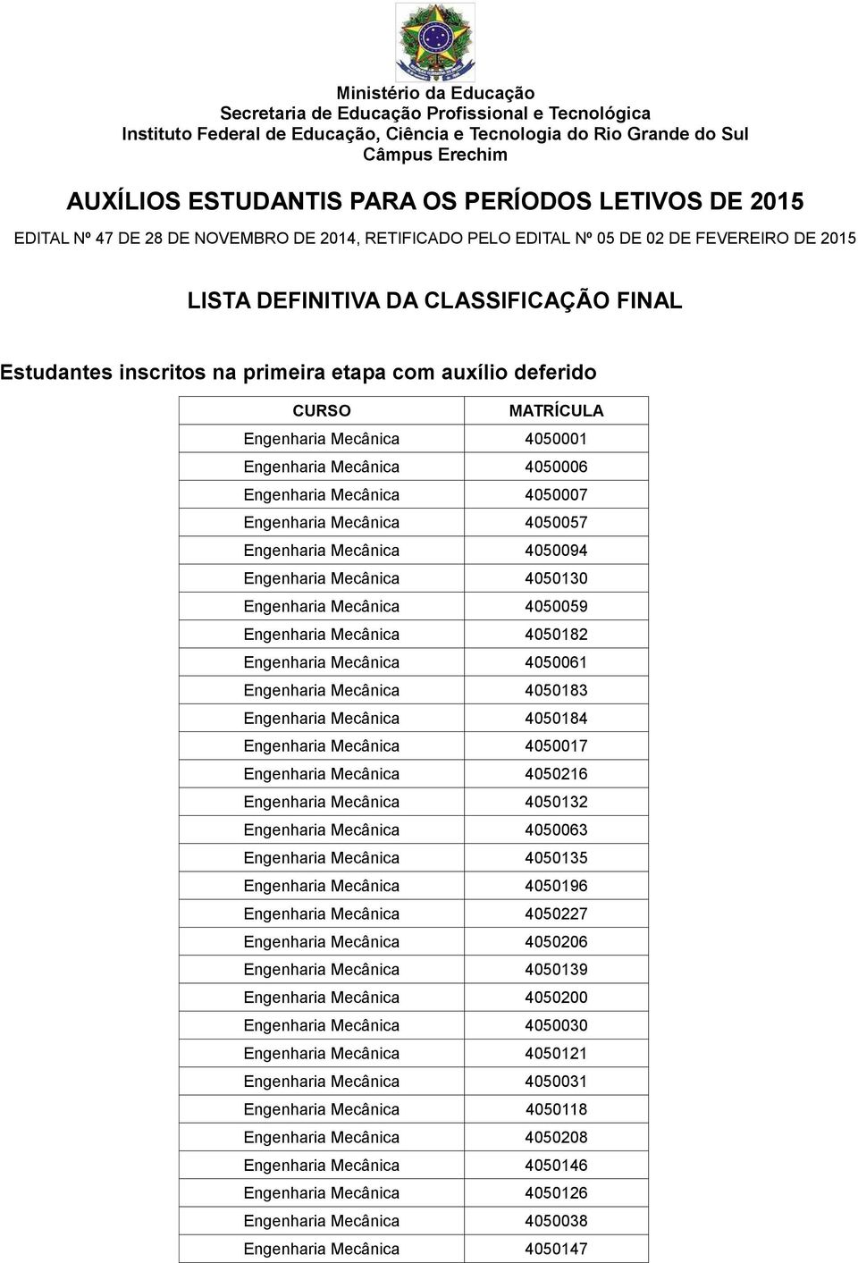 auxílio deferido Engenharia Mecânica 4050001 Engenharia Mecânica 4050006 Engenharia Mecânica 4050007 Engenharia Mecânica 4050057 Engenharia Mecânica 4050094 Engenharia Mecânica 4050130 Engenharia