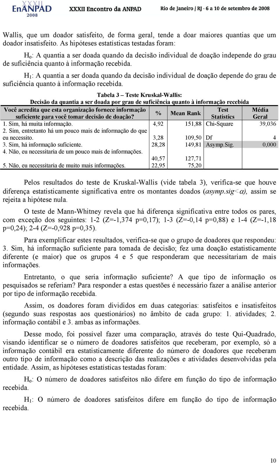 H 1 : A quantia a ser doada quando da decisão individual de doação depende do grau de suficiência quanto à informação recebida.