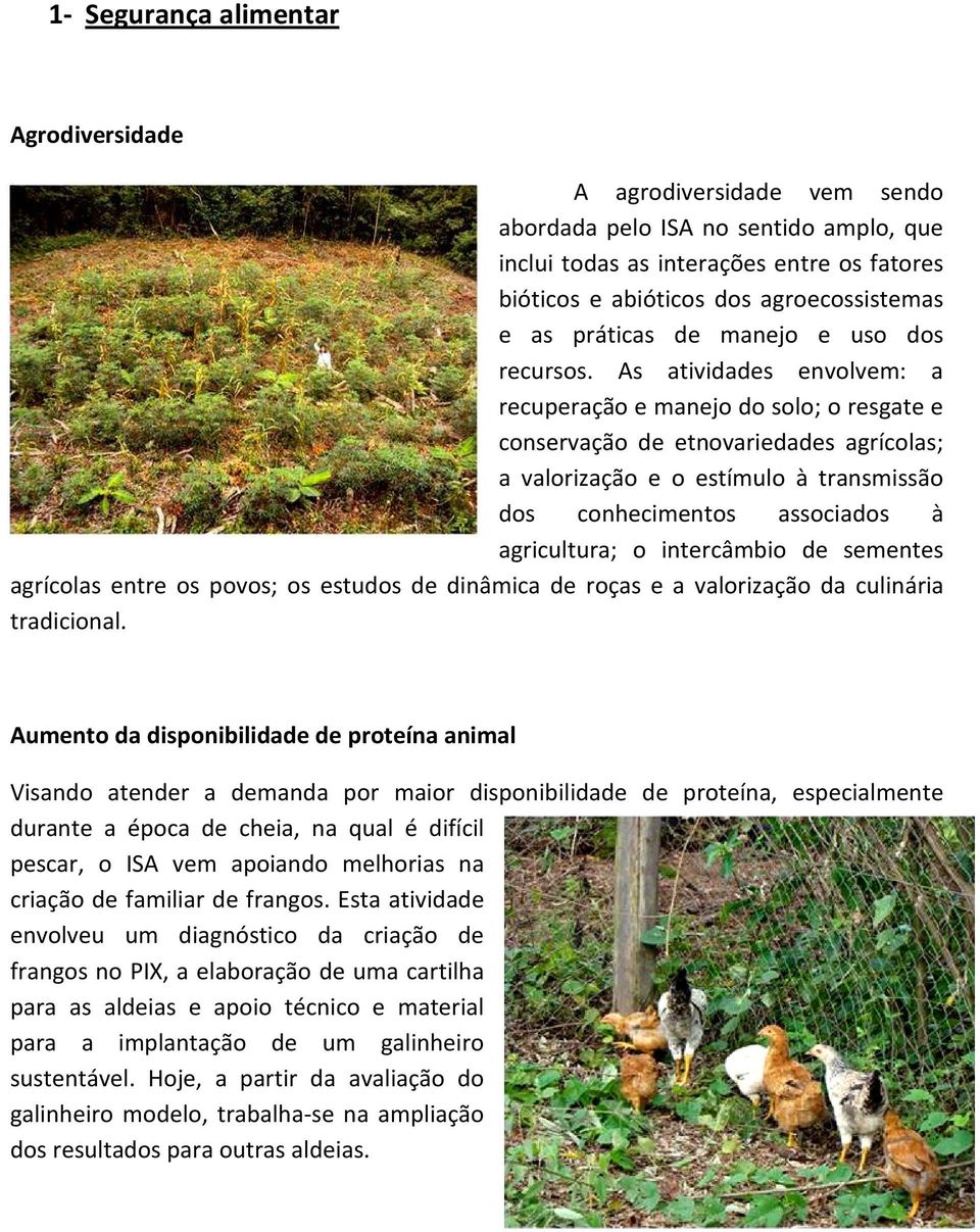 As atividades envolvem: a recuperação e manejo do solo; o resgate e conservação de etnovariedades agrícolas; a valorização e o estímulo à transmissão dos conhecimentos associados à agricultura; o