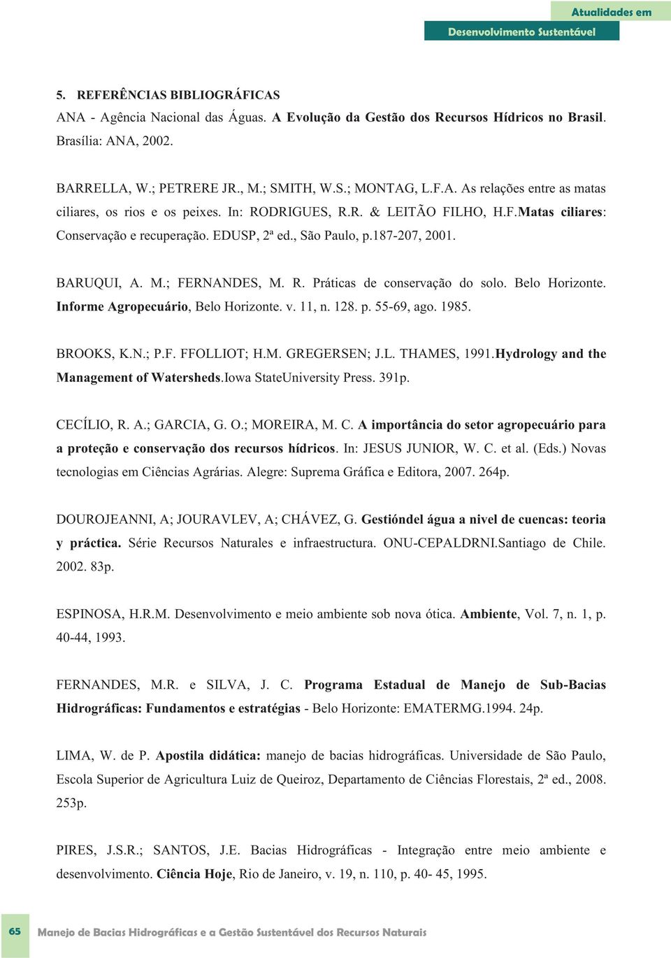Belo Horizonte. Informe Agropecuário, Belo Horizonte. v. 11, n. 128. p. 55-69, ago. 1985. BROOKS, K.N.; P.F. FFOLLIOT; H.M. GREGERSEN; J.L. THAMES, 1991.Hydrology and the Management of Watersheds.