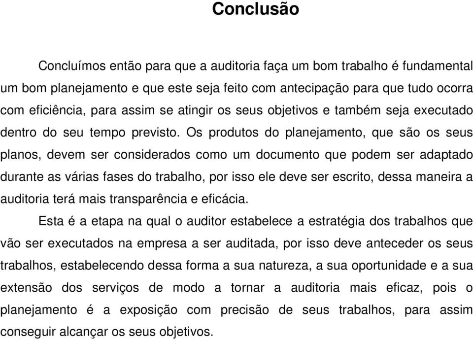 Os produtos do planejamento, que são os seus planos, devem ser considerados como um documento que podem ser adaptado durante as várias fases do trabalho, por isso ele deve ser escrito, dessa maneira