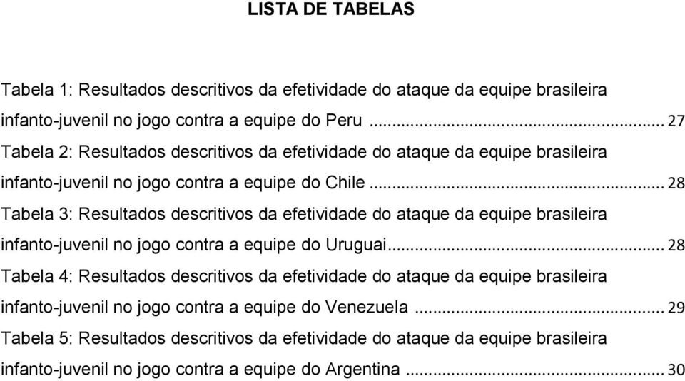 ..28 Tabela 3: Resultados descritivos da efetividade do ataque da equipe brasileira infanto-juvenil no jogo contra a equipe do Uruguai.