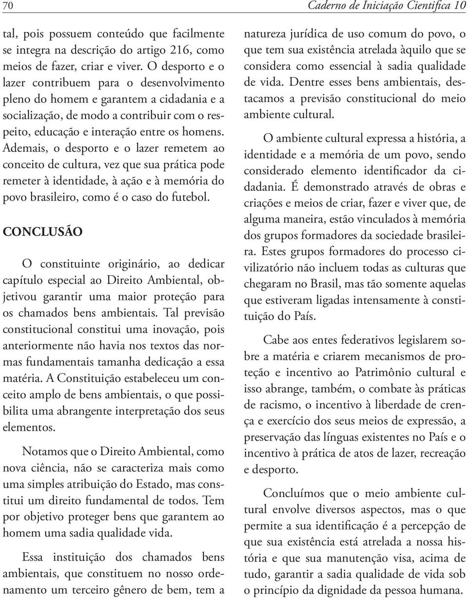 Ademais, o desporto e o lazer remetem ao conceito de cultura, vez que sua prática pode remeter à identidade, à ação e à memória do povo brasileiro, como é o caso do futebol.