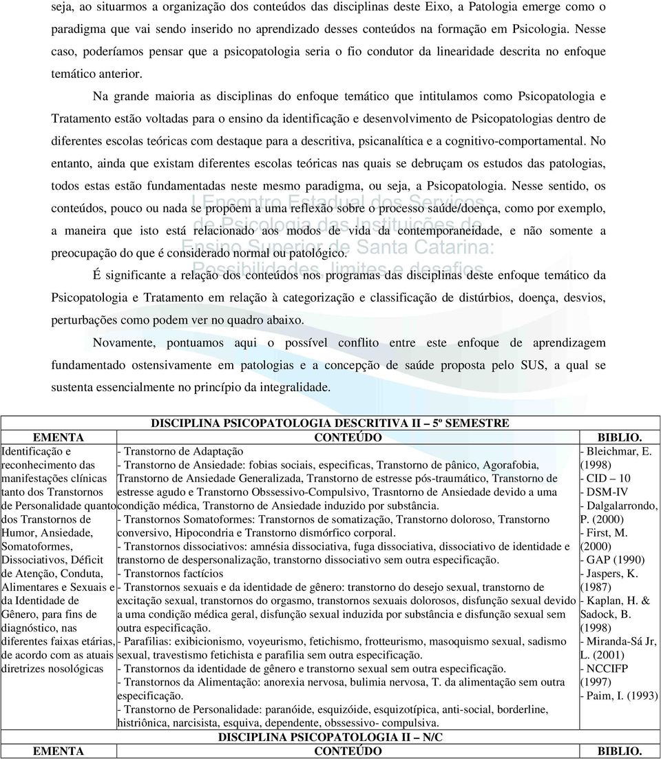 Na grande maioria as disciplinas do enfoque temático que intitulamos como Psicopatologia e Tratamento estão voltadas para o ensino da identificação e desenvolvimento de Psicopatologias dentro de