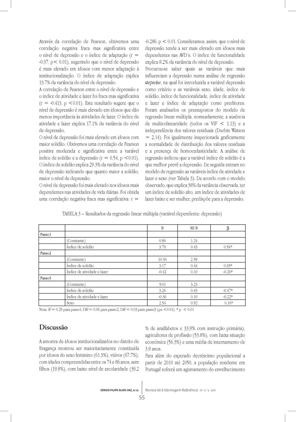 A correlação de Pearson entre o nível de depressão e o índice de atividade e lazer foi fraca mas significativa (r = -0.413, p <0.01).