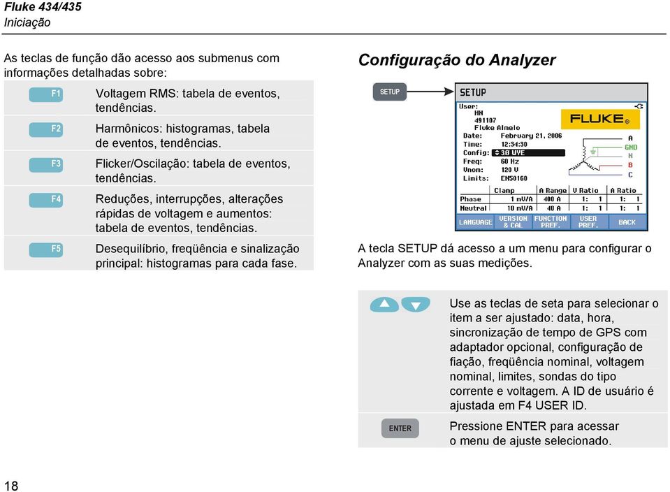 Reduções, interrupções, alterações rápidas de voltagem e aumentos: tabela de eventos, tendências. Desequilíbrio, freqüência e sinalização principal: histogramas para cada fase.