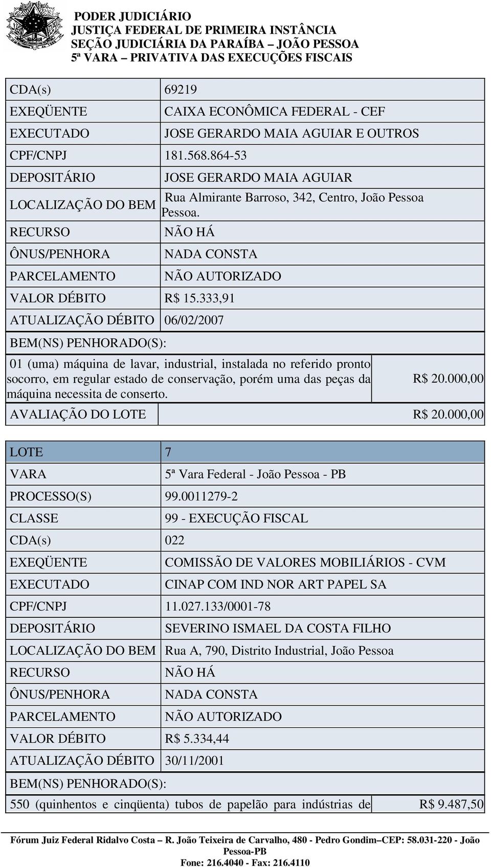 333,91 ATUALIZAÇÃO DÉBITO 06/02/2007 01 (uma) máquina de lavar, industrial, instalada no referido pronto socorro, em regular estado de conservação, porém uma das peças da máquina necessita de