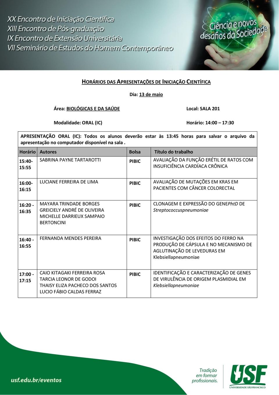 COLORECTAL 16:20-16:35 MAYARA TRINDADE BORGES GREICIELY ANDRÉ DE OLIVEIRA MICHELLE DARRIEUX SAMPAIO BERTONCINI CLONAGEM E EXPRESSÃO DO GENEPhtD DE Streptococcuspneumoniae 16:40-16:55 FERNANDA MENDES