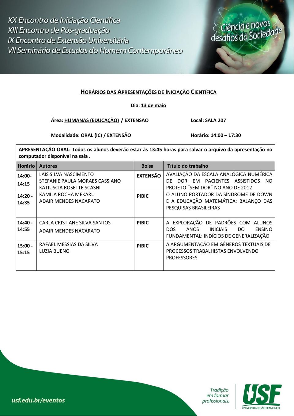 14:00-14:15 14:20-14:35 LAÍS SILVA NASCIMENTO STEFANIE PAULA MORAES CASSIANO KATIUSCIA ROSETTE SCASNI KAMILA ROCHA MEKARU ADAIR MENDES NACARATO EXTENSÃO AVALIAÇÃO DA ESCALA ANALÓGICA NUMÉRICA DE DOR