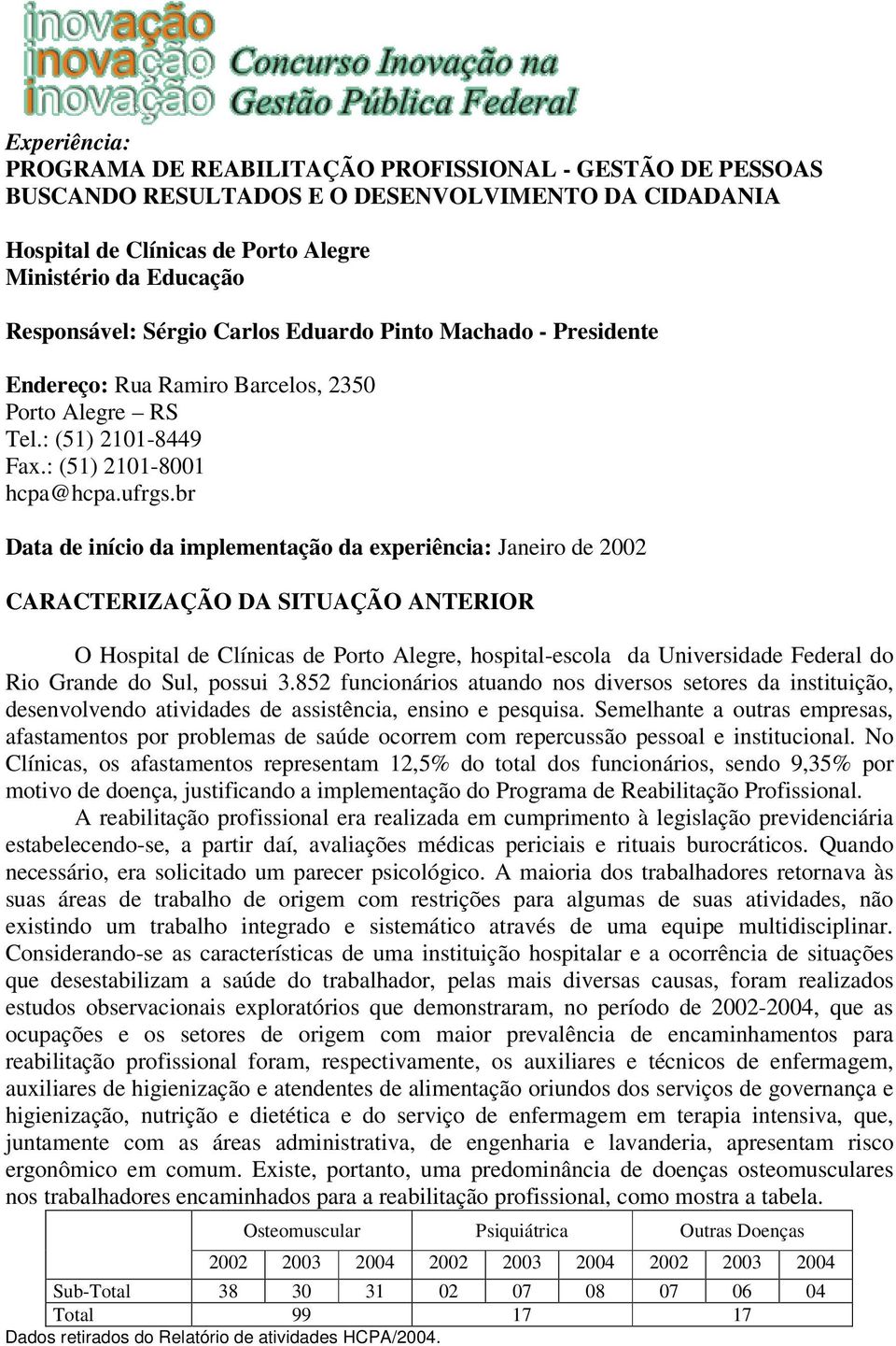 br Data de início da implementação da experiência: Janeiro de 2002 CARACTERIZAÇÃO DA SITUAÇÃO ANTERIOR O Hospital de Clínicas de Porto Alegre, hospital-escola da Universidade Federal do Rio Grande do