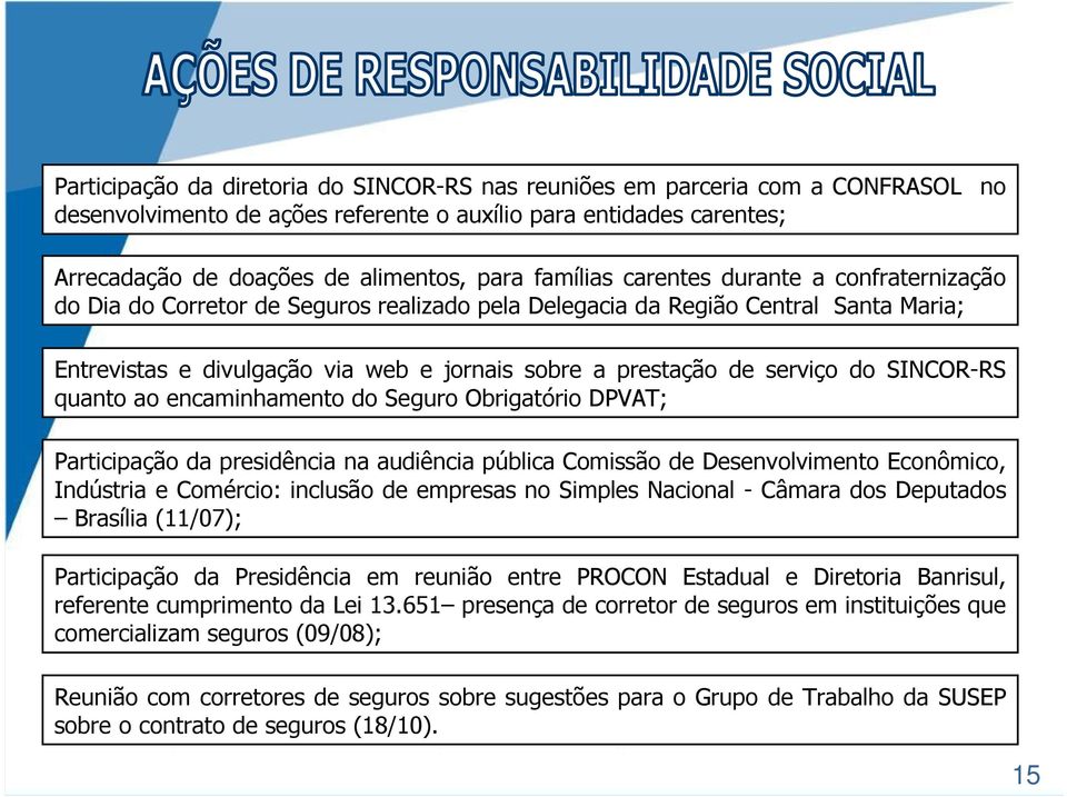 serviço do SINCOR-RS quanto ao encaminhamento do Seguro Obrigatório DPVAT; Participação da presidência na audiência pública Comissão de Desenvolvimento Econômico, Indústria e Comércio: inclusão de