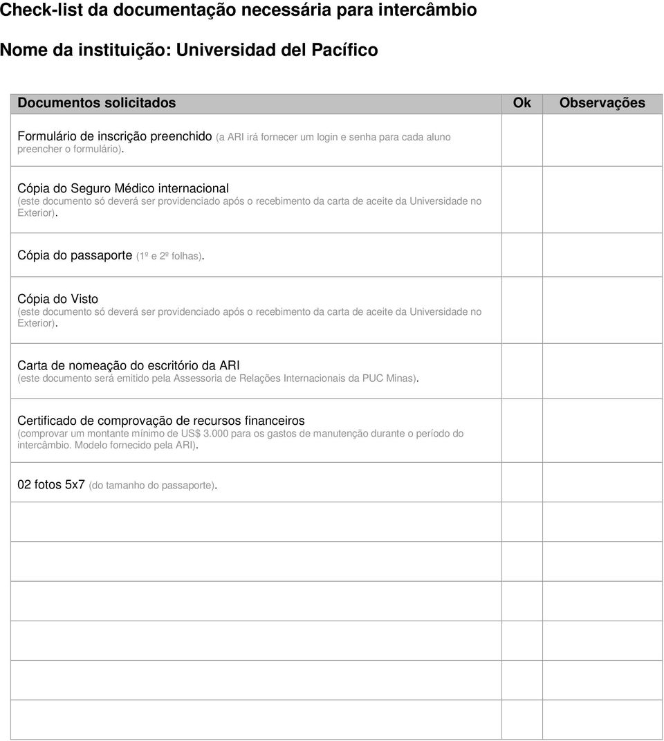 Cópia do Visto Carta de nomeação do escritório da ARI (este documento será emitido pela Assessoria de Relações Internacionais da PUC Minas).