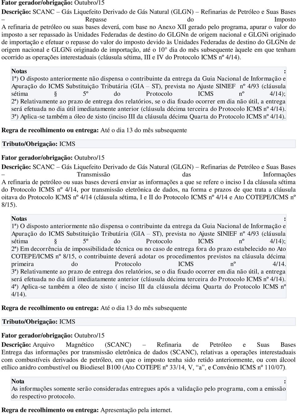 Unidades Federadas de destino do GLGNn de origem nacional e GLGNi originado de importação, até o 10 dia do mês subsequente àquele em que tenham ocorrido as operações interestaduais (cláusula sétima,