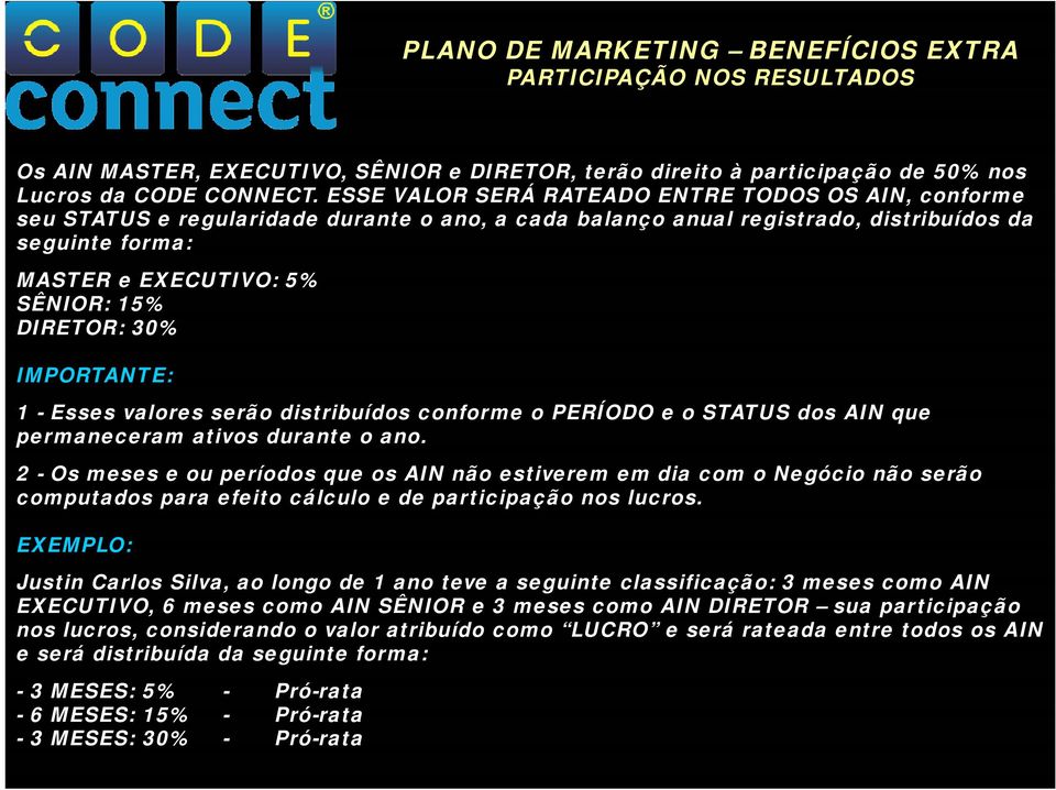 DIRETOR: 30% IMPORTANTE: 1 - Esses valores serão distribuídos conforme o PERÍODO e o STATUS dos AIN que permaneceram ativos durante o ano.