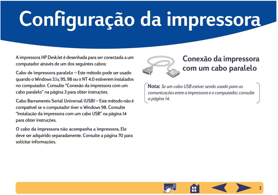 Cabo Barramento Serial Universal (USB) Este método não é compatível se o computador tiver o Windows 98. Consulte Instalação da impressora com um cabo USB na página 14 para obter instruções.