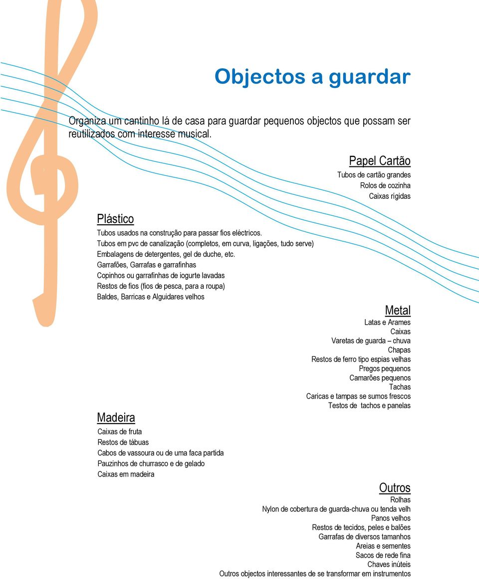 Garrafões, Garrafas e garrafinhas Copinhos ou garrafinhas de iogurte lavadas Restos de fios (fios de pesca, para a roupa) Baldes, Barricas e Alguidares velhos Madeira Caixas de fruta Restos de tábuas