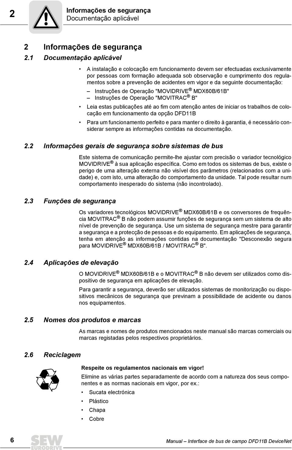 prevenção de acidentes em vigor e da seguinte documentação: nstruções de Operação "MOVDRVE MDX6B/61B" nstruções de Operação "MOVTRAC B" Leia estas publicações até ao fim com atenção antes de iniciar