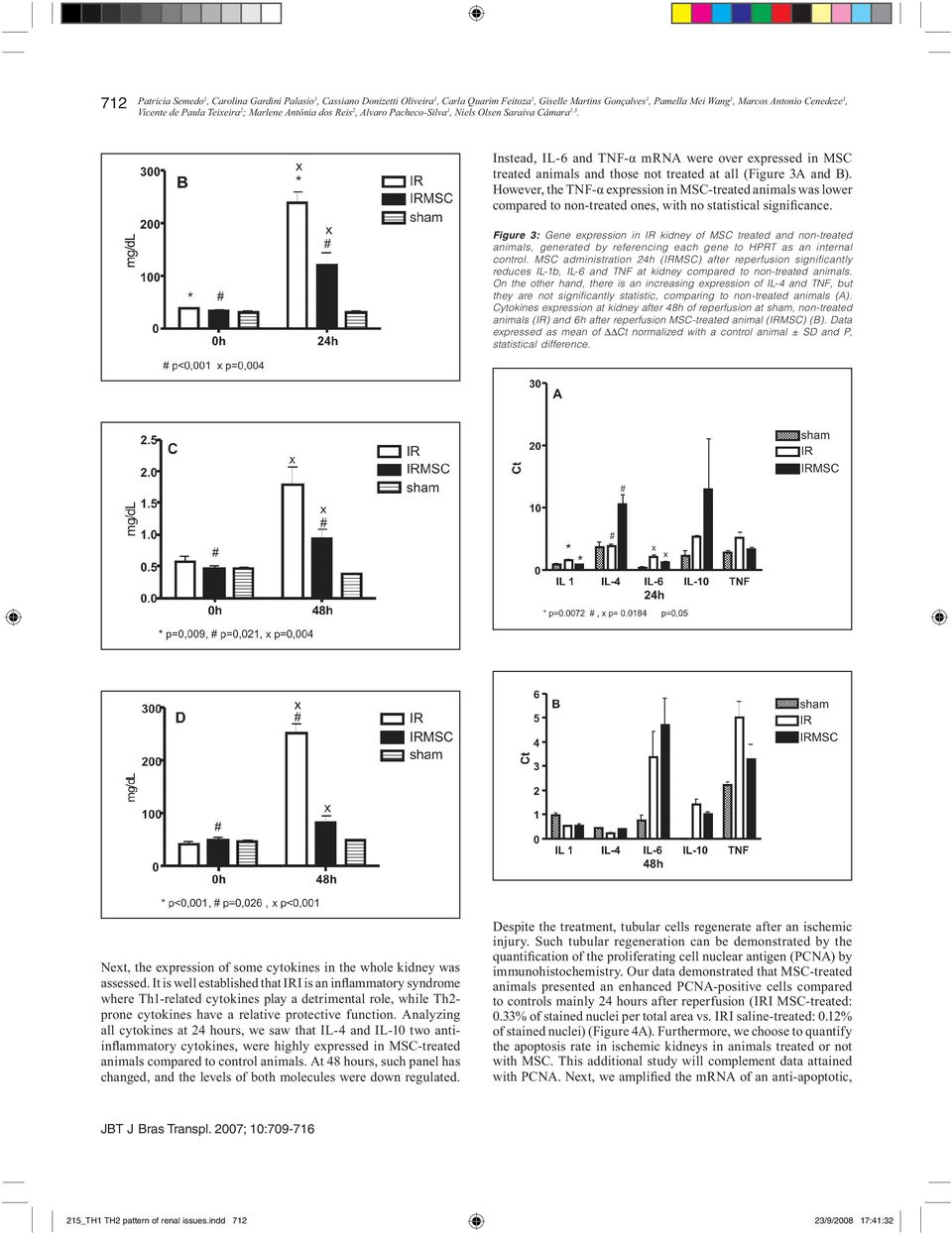 Instead, IL-6 and TNF-α mrna were over expressed in MSC treated animals and those not treated at all (Figure 3A and B).