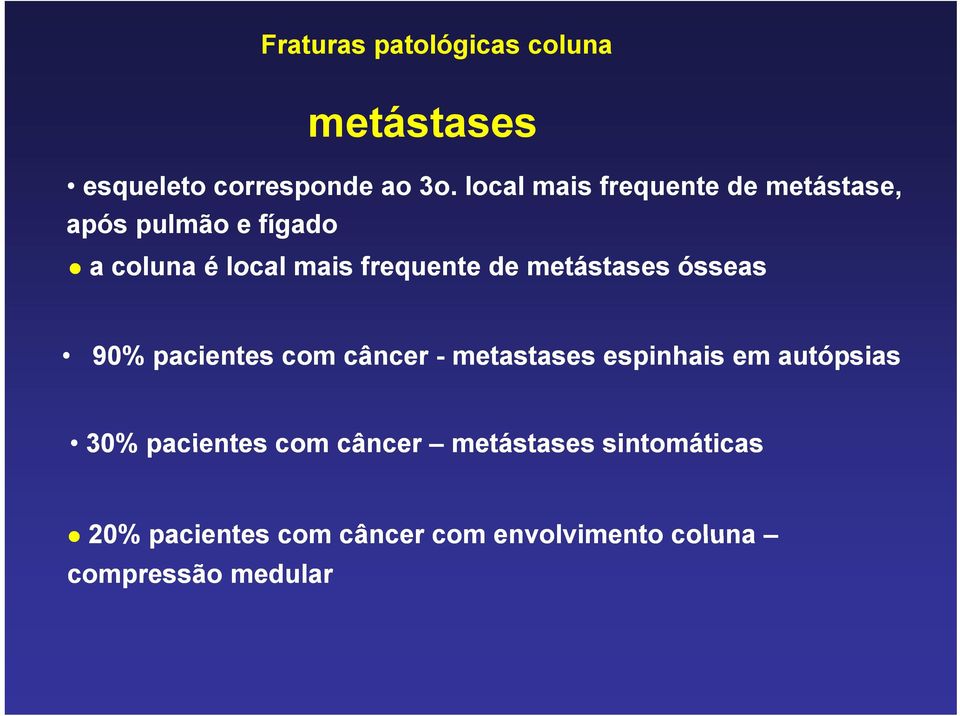 frequente de metástases ósseas 90% pacientes com câncer - metastases espinhais em