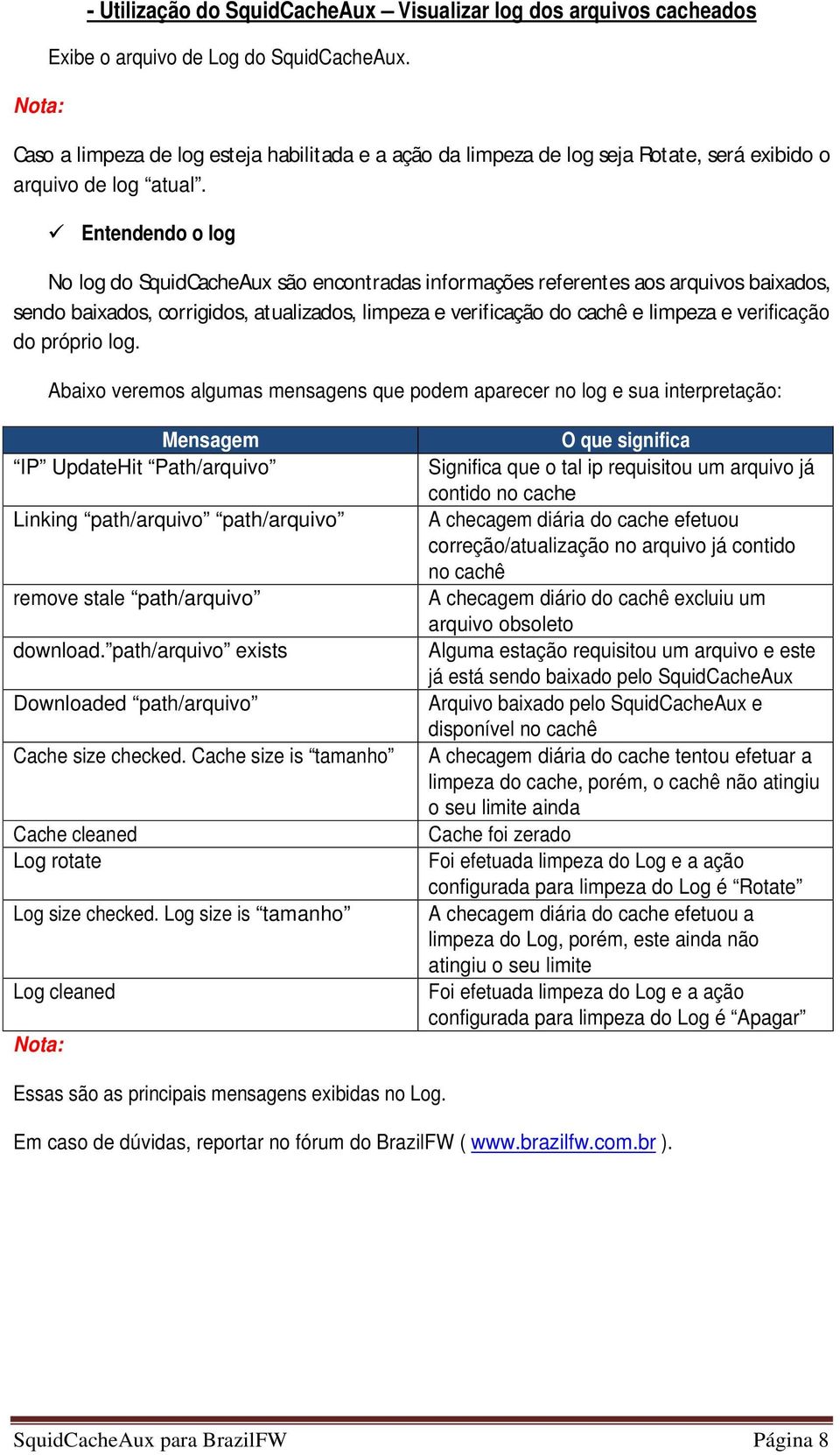 Entendendo o log No log do SquidCacheAux são encontradas informações referentes aos arquivos baixados, sendo baixados, corrigidos, atualizados, limpeza e verificação do cachê e limpeza e verificação