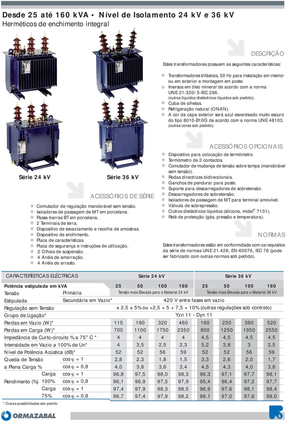 Refrigeração natural (ONAN). A cor da capa exterior será azul esverdeado muito escuro do tipo 10-B10G de acordo com a norma UNE 8103. (outras cores sob pedido).