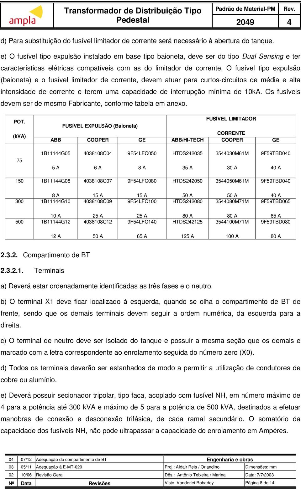 O fusível tipo expulsão (baioneta) e o fusível limitador de corrente, devem atuar para curtos-circuitos de média e alta intensidade de corrente e terem uma capacidade de interrupção mínima de 10kA.