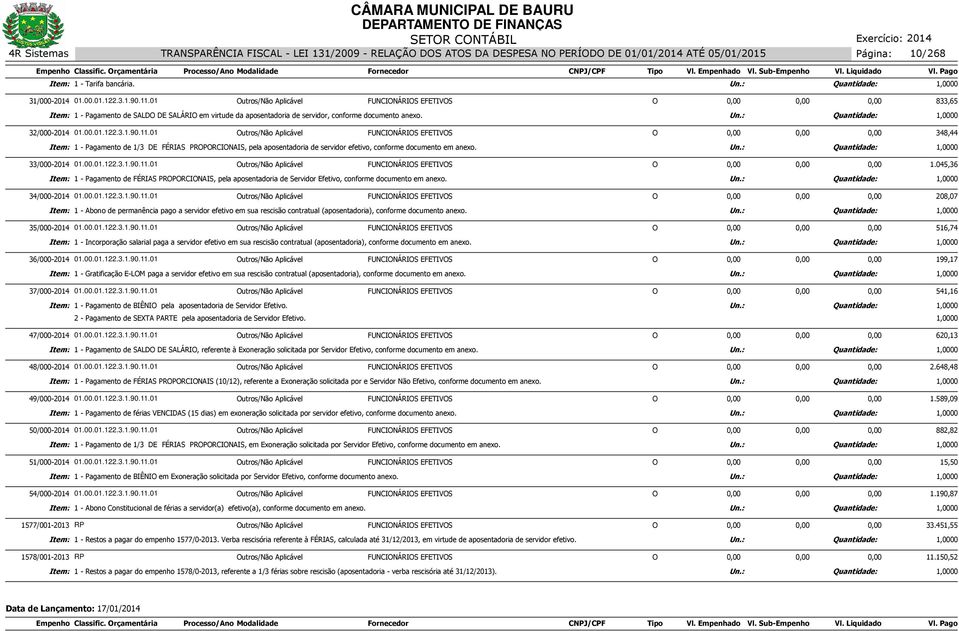 3.1.90.11.01 Outros/Não Aplicável FUNCIONÁRIOS EFETIVOS O Item: 1 - Pagamento de 1/3 DE FÉRIAS PROPORCIONAIS, pela aposentadoria de servidor efetivo, conforme documento em anexo. Un.