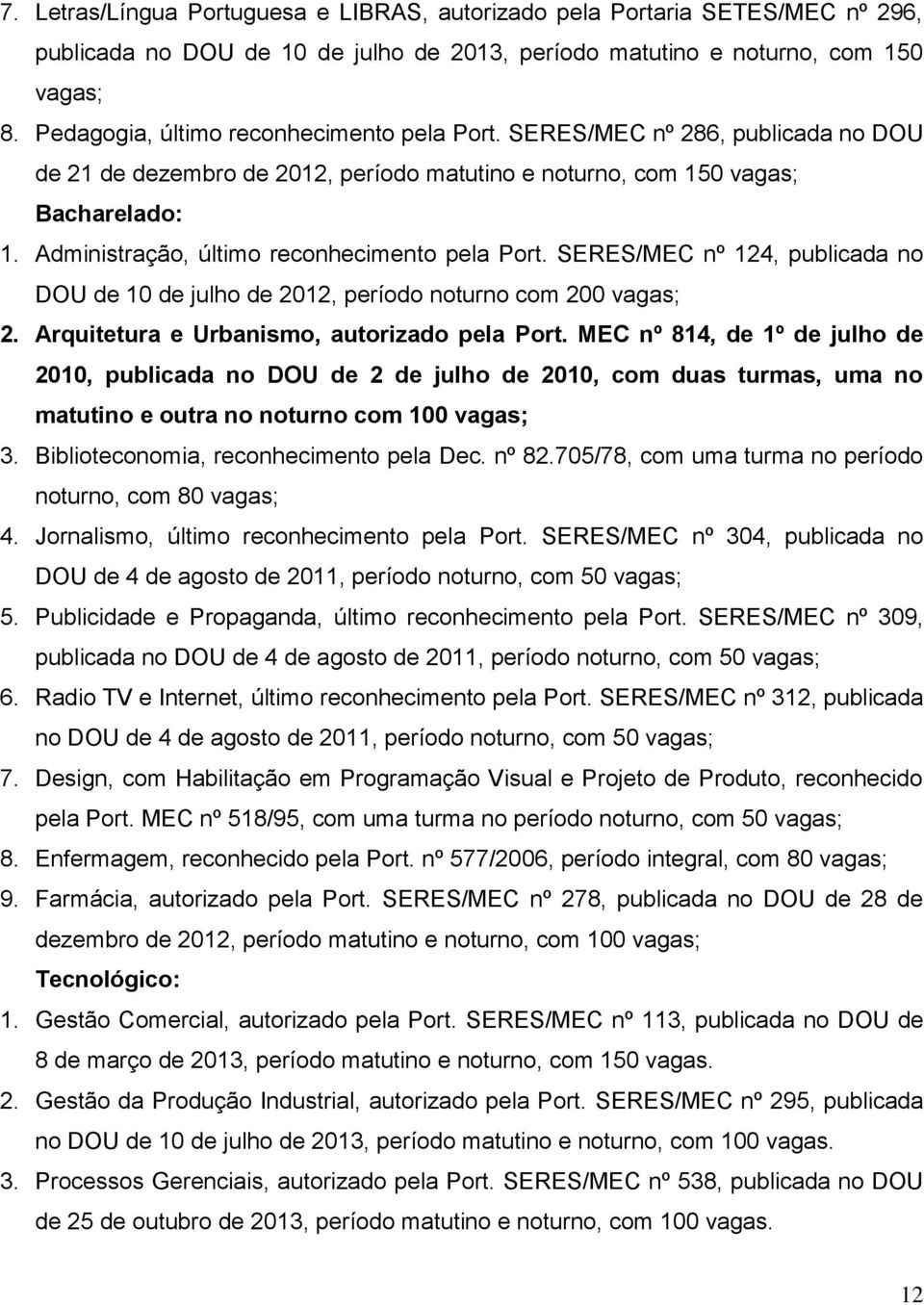 Administração, último reconhecimento pela Port. SERES/MEC nº 124, publicada no DOU de 10 de julho de 2012, período noturno com 200 vagas; 2. Arquitetura e Urbanismo, autorizado pela Port.