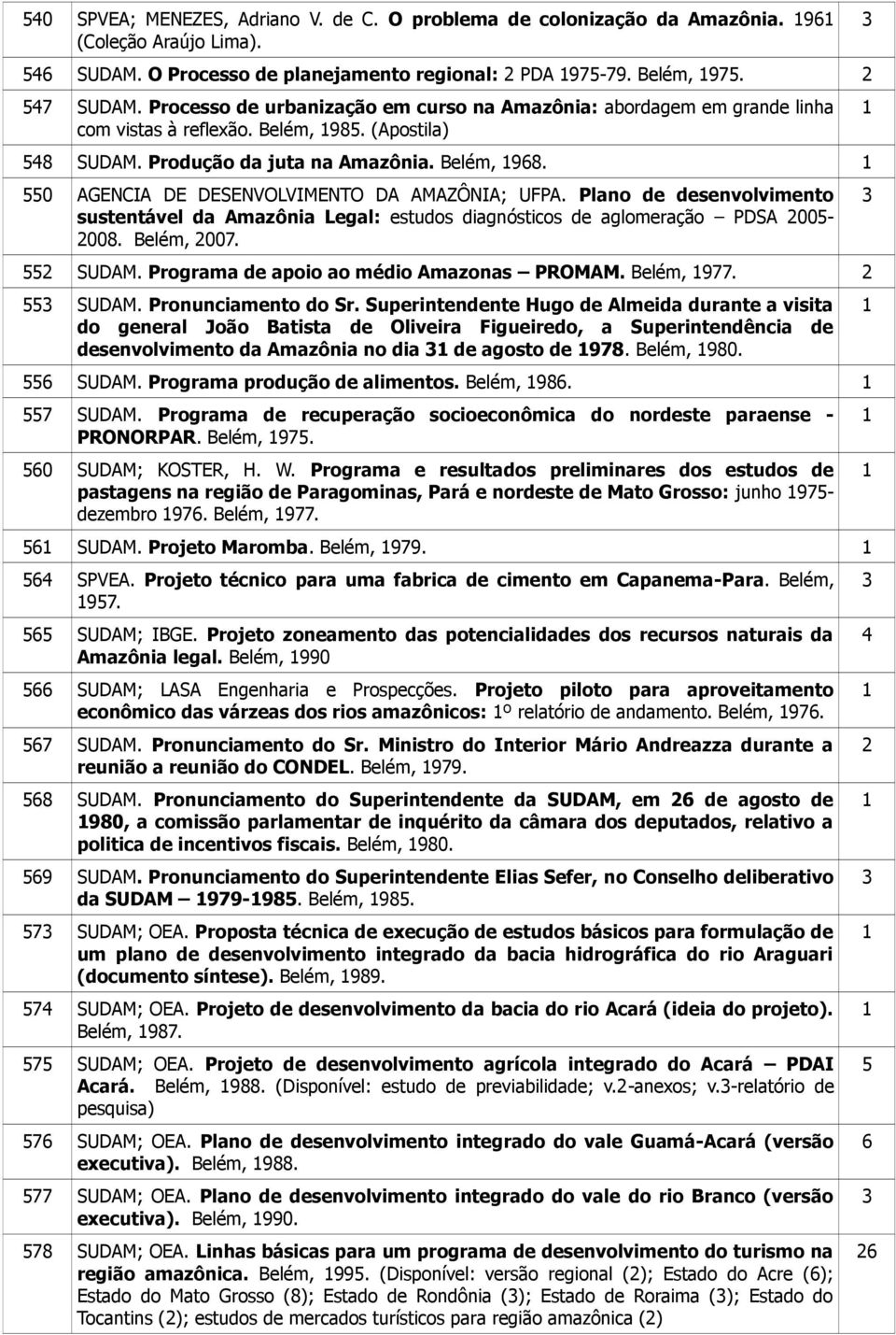 550 AGENCIA DE DESENVOLVIMENTO DA AMAZÔNIA; UFPA. Plano de desenvolvimento sustentável da Amazônia Legal: estudos diagnósticos de aglomeração PDSA 005-008. Belém, 007. 55 SUDAM.