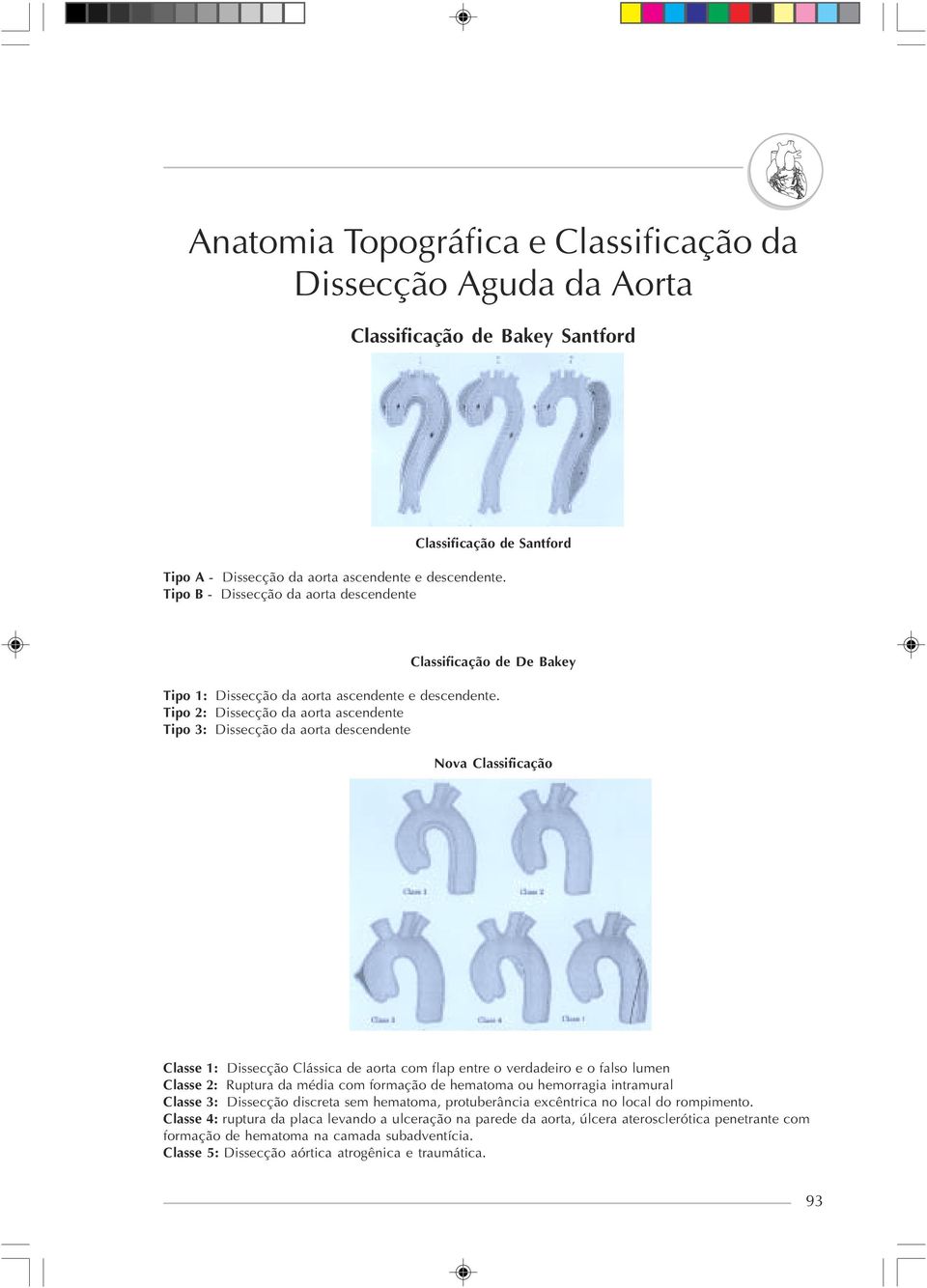 Tipo 2: Dissecção da aorta ascendente Tipo 3: Dissecção da aorta descendente Nova Classificação Classe 1: Dissecção Clássica de aorta com flap entre o verdadeiro e o falso lumen Classe 2: Ruptura da