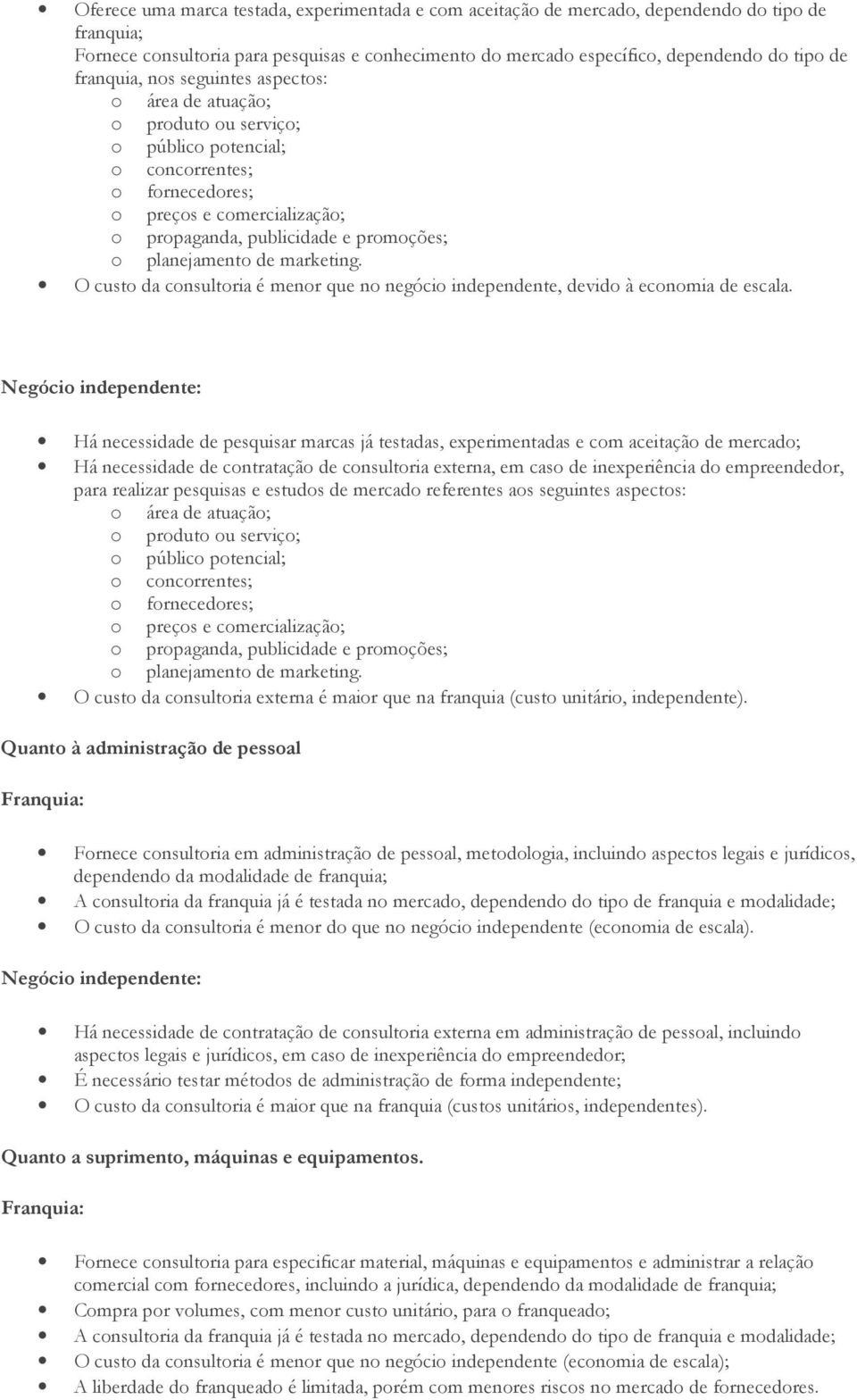 planejamento de marketing. O custo da consultoria é menor que no negócio independente, devido à economia de escala.