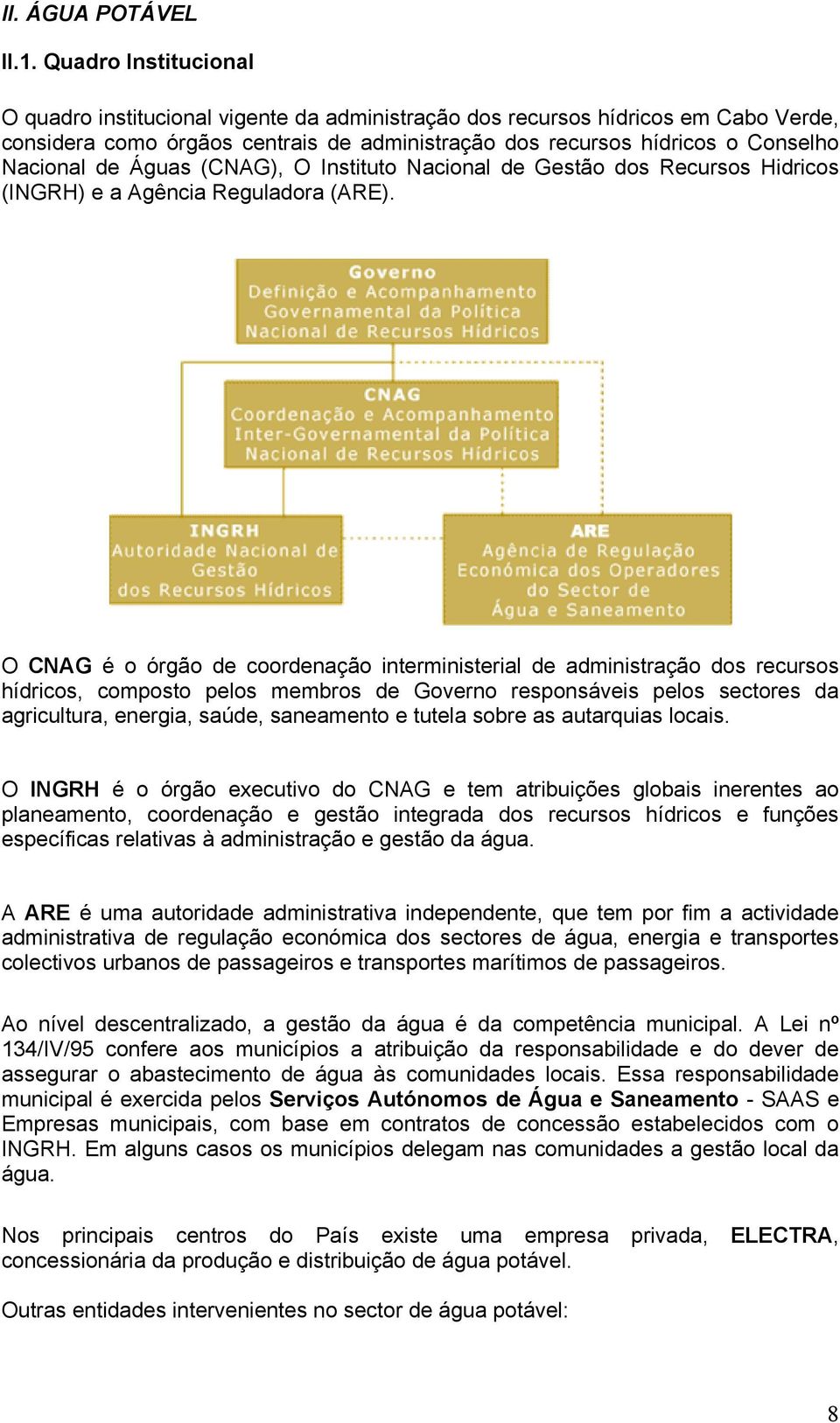 Águas (CNAG), O Instituto Nacional de Gestão dos Recursos Hidricos (INGRH) e a Agência Reguladora (ARE).