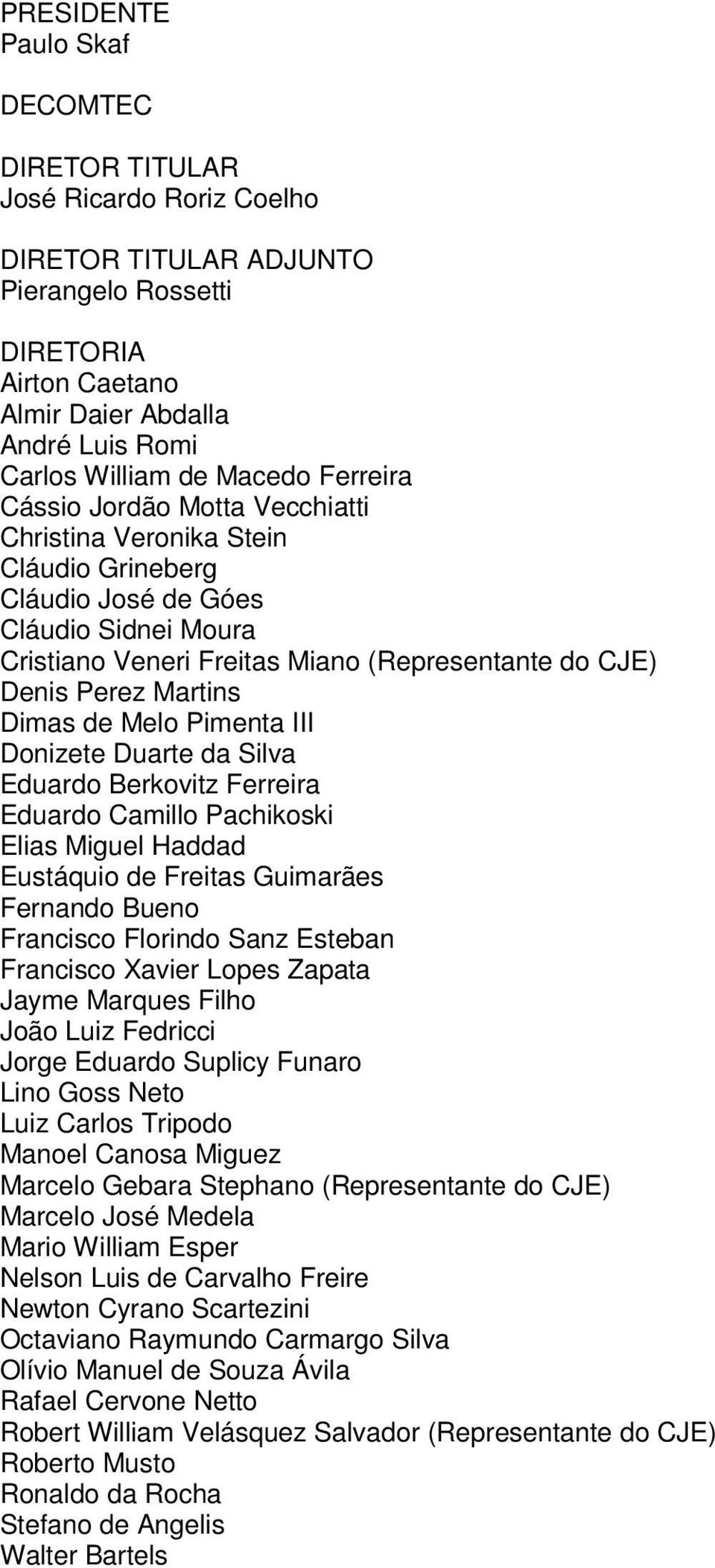 Martins Dimas de Melo Pimenta III Donizete Duarte da Silva Eduardo Berkovitz Ferreira Eduardo Camillo Pachikoski Elias Miguel Haddad Eustáquio de Freitas Guimarães Fernando Bueno Francisco Florindo