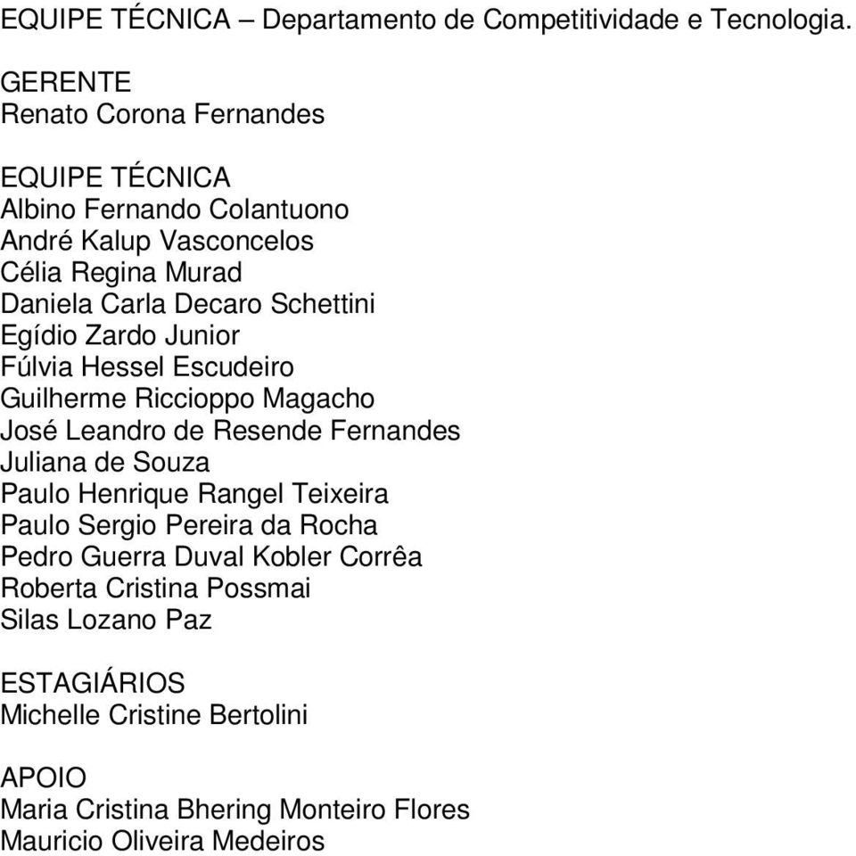 Schettini Egídio Zardo Junior Fúlvia Hessel Escudeiro Guilherme Riccioppo Magacho José Leandro de Resende Fernandes Juliana de Souza Paulo