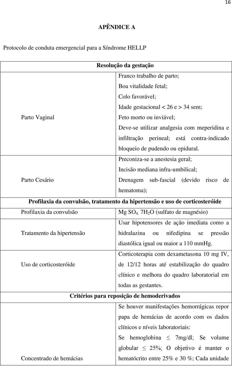 Preconiza-se a anestesia geral; Incisão mediana infra-umbilical; Parto Cesário Drenagem sub-fascial (devido risco de hematoma); Profilaxia da convulsão, tratamento Monitoração da hipertensão