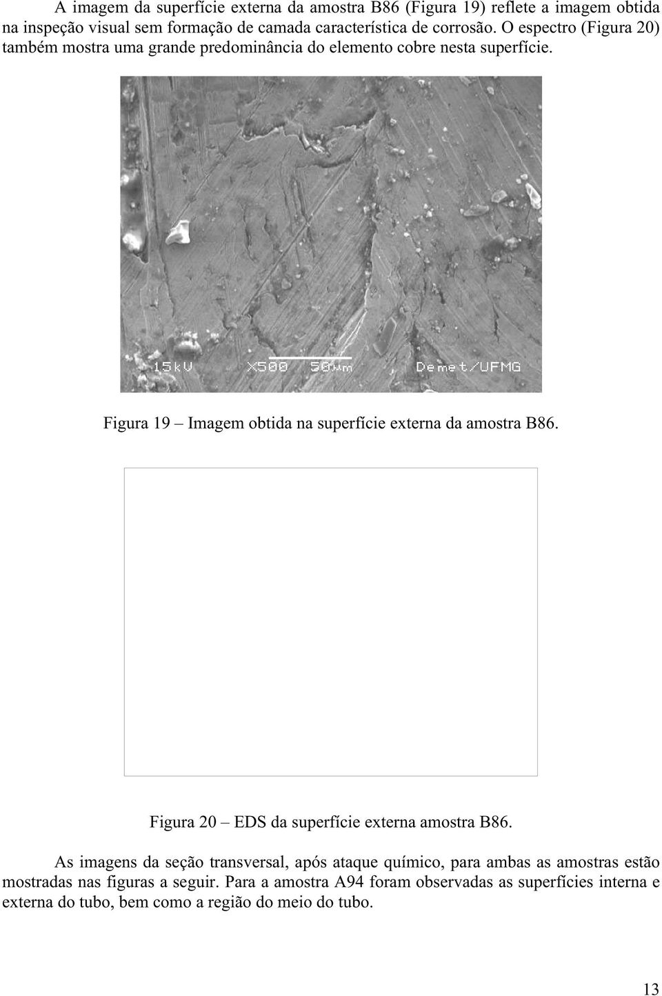 Figura 19 Imagem obtida na superfície externa da amostra B86. Figura 20 EDS da superfície externa amostra B86.