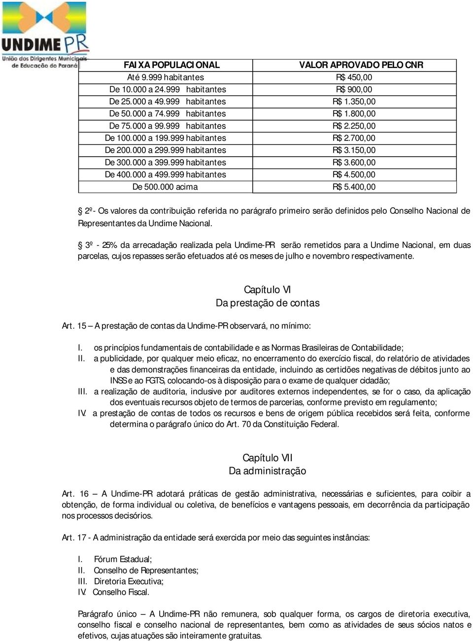 999 habitantes R$ 4.500,00 De 500.000 acima R$ 5.400,00 2º- Os valores da contribuição referida no parágrafo primeiro serão definidos pelo Conselho Nacional de Representantes da Undime Nacional.