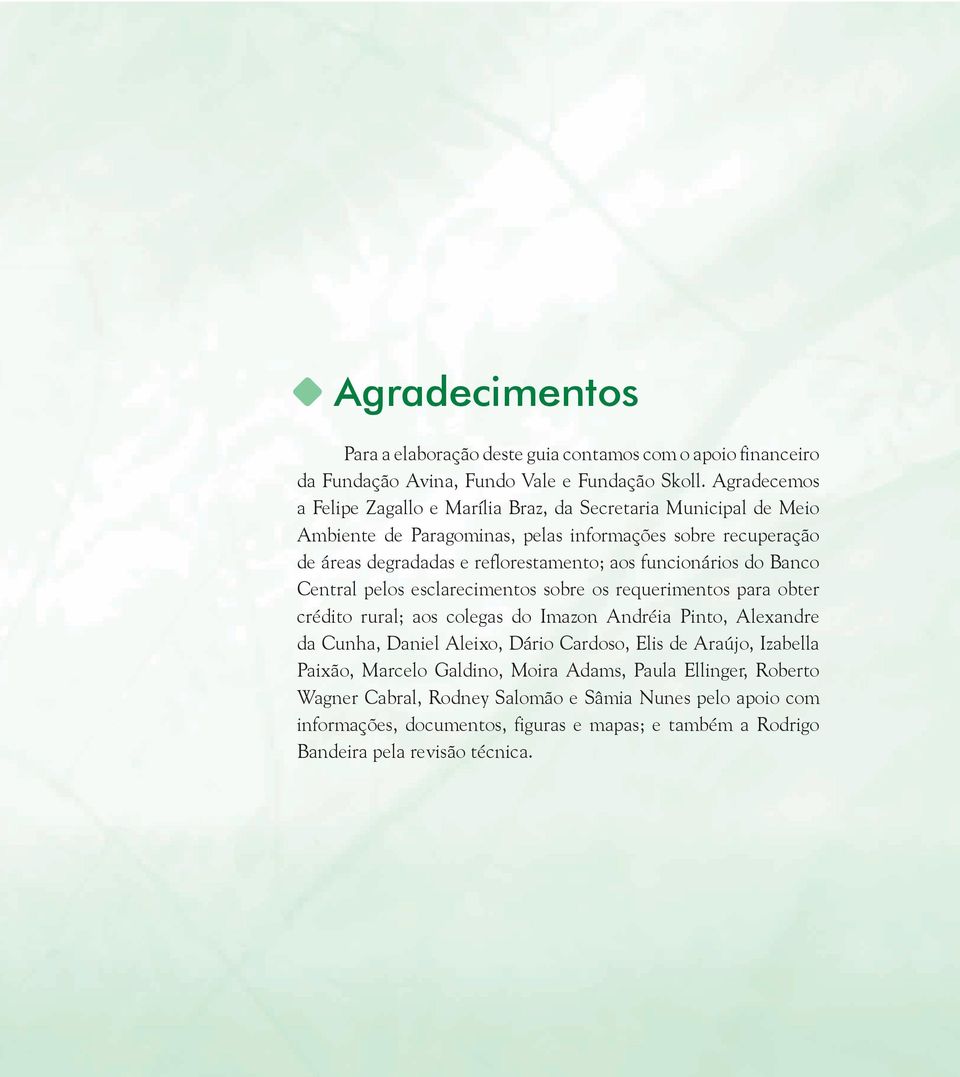 funcionários do Banco Central pelos esclarecimentos sobre os requerimentos para obter crédito rural; aos colegas do Imazon Andréia Pinto, Alexandre da Cunha, Daniel Aleixo, Dário