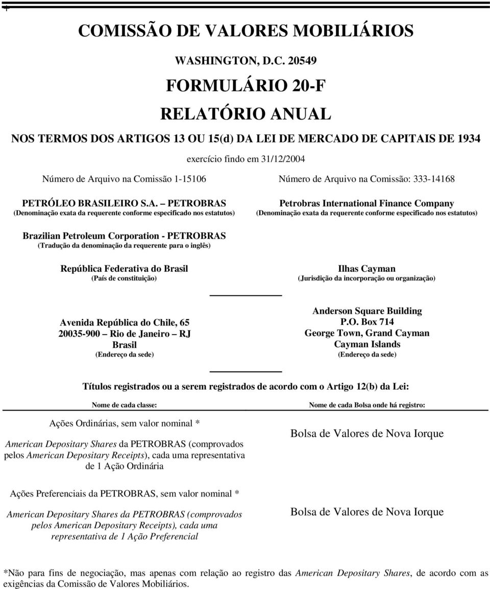 International Finance Company (Denominação exata da requerente conforme especificado nos estatutos) Brazilian Petroleum Corporation - PETROBRAS (Tradução da denominação da requerente para o inglês)
