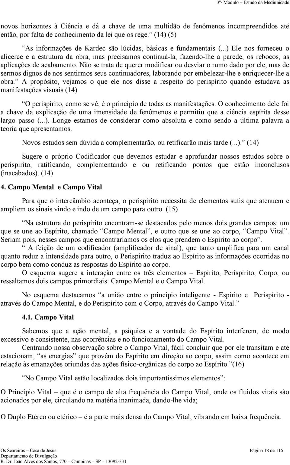 ..) Ele nos forneceu o alicerce e a estrutura da obra, mas precisamos continuá-la, fazendo-lhe a parede, os rebocos, as aplicações de acabamento.